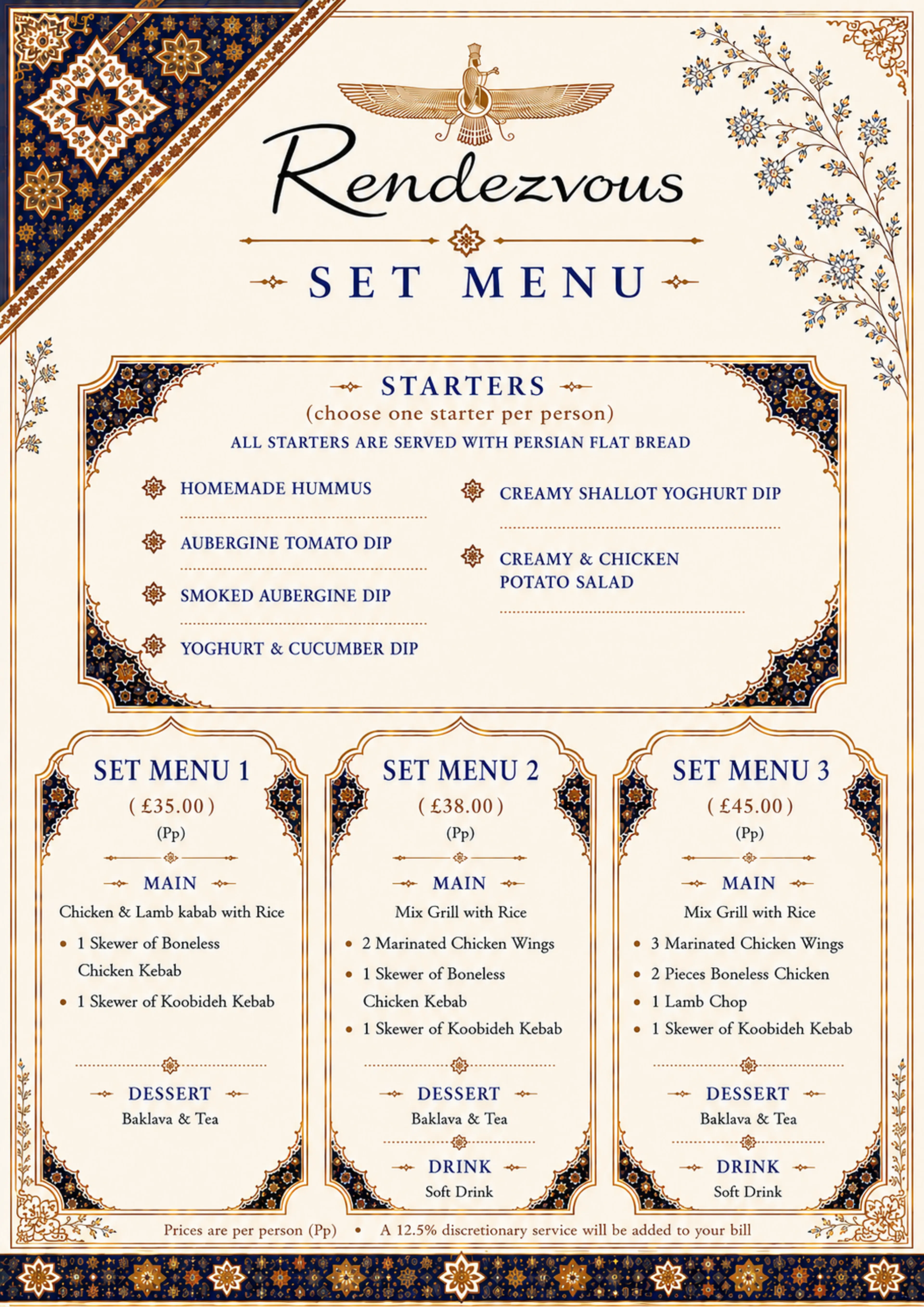 Rendezvous set menu with starters, main course options, dessert, and drinks